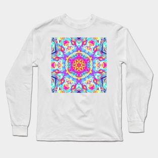 Psychedelic Mandala Flower Blue Pink and Yellow Long Sleeve T-Shirt